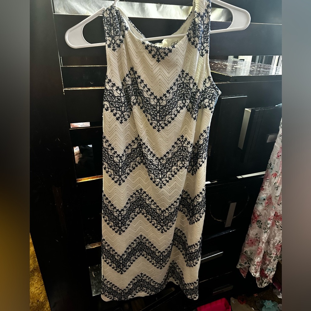 Fitted blue and white dress